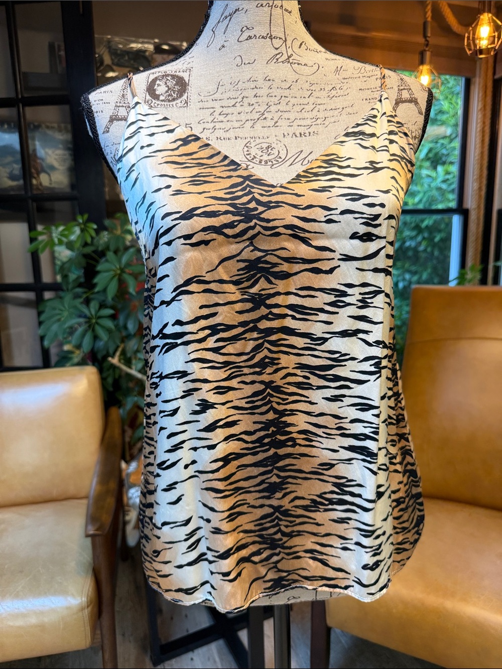 Silk Tiger-Print Cami Tank Top - Black on Cream